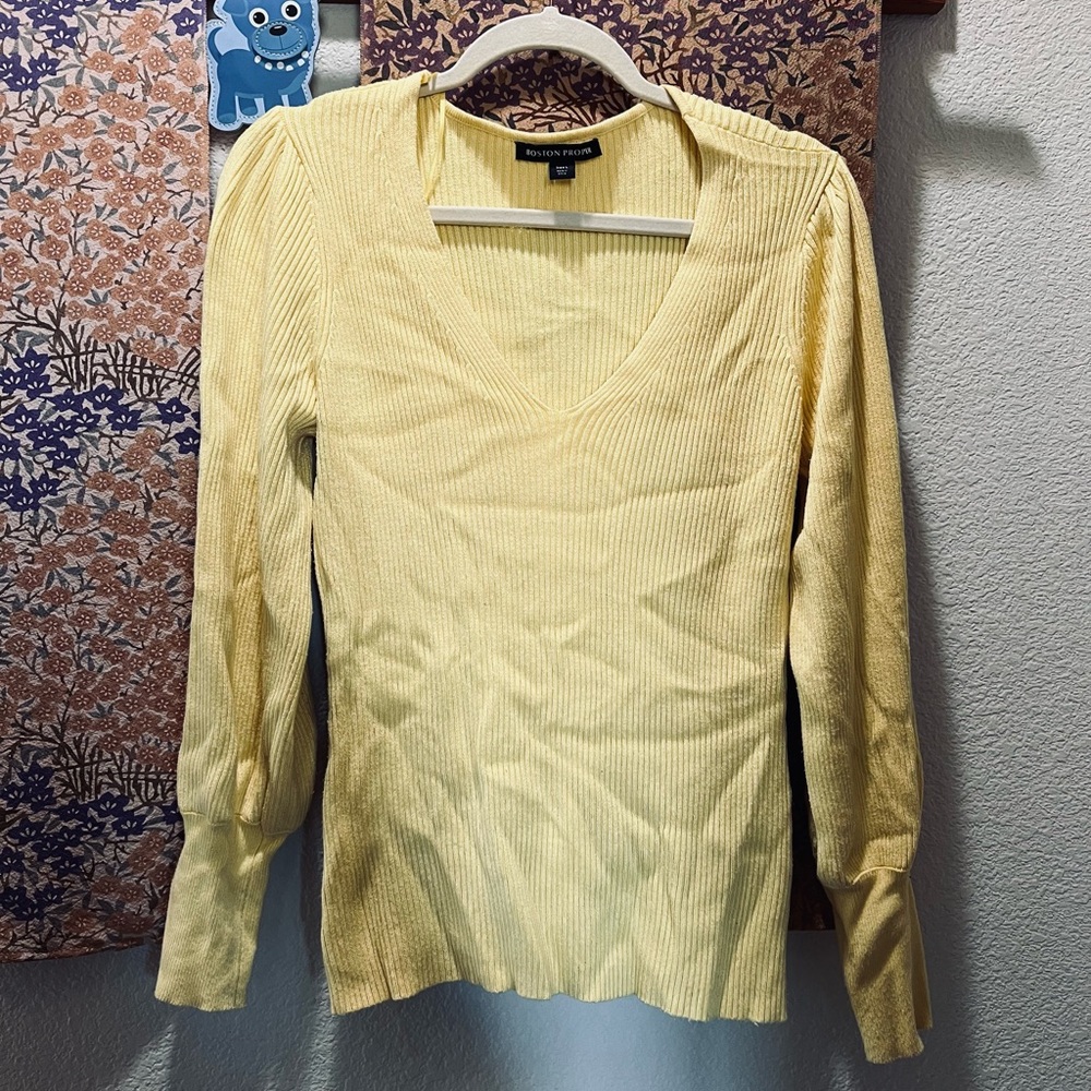 Boston Proper Bright Yellow Puff Sleeve Sweater Sz L